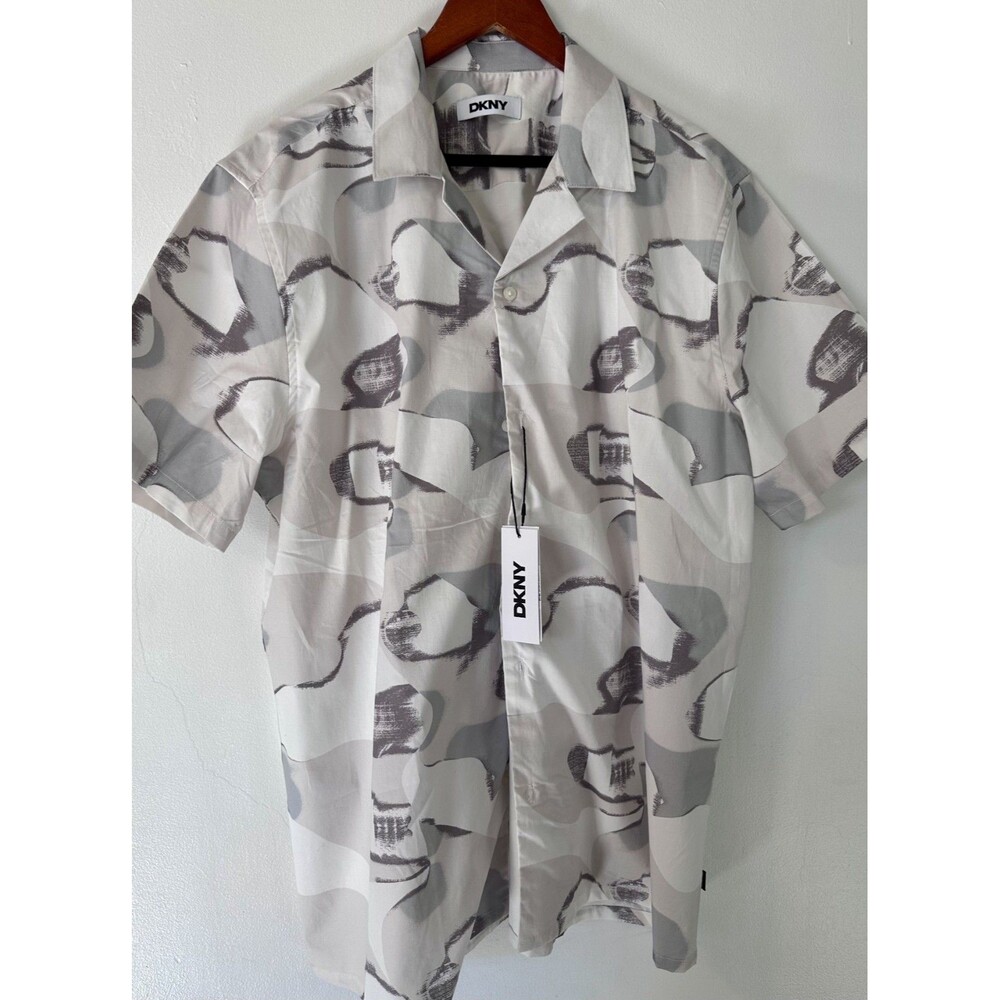 DKNY Men's Short Sleeve Button Up‎ Shirt Size L White Gray Abstract Print NWT